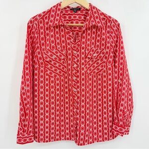 Notations Geometric Print‎ Red White Button Down Blouse Size Petite Medium